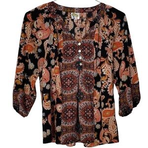 Fig & Flower Boho or Cottage Core Floral Vibrant Loose Fitting Blouse Size S